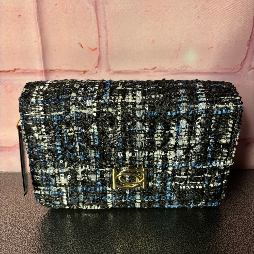 bebe Black, White & Blue Tweed Crossbody